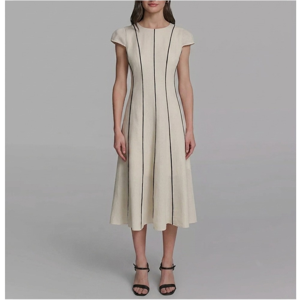 KARL LAGERFELD PARIS Women's Vertical Striped Piping Midi‎ Dress 10